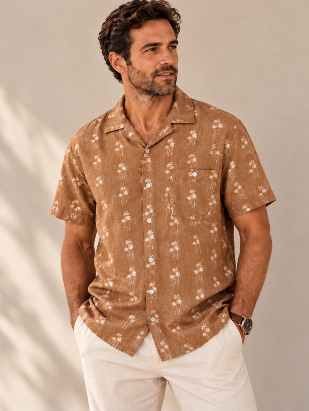 Far Afield Mens Palm Tree Print‎ Cotton Linen Camp Collar Shirt Brown Size 3 L